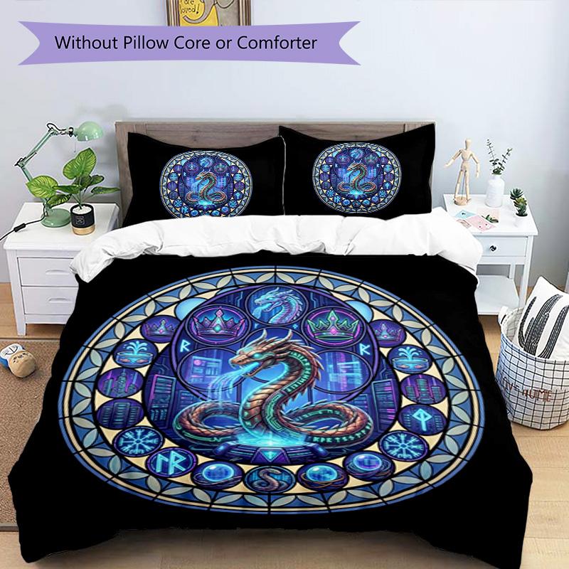 Cyber Dragon Window Pattern Bedding,Quilt Set Quilt Cover Pillowcase Home Birthday Gift (1 * Duvet Cover + 2 * Pillowcase, Without Core)