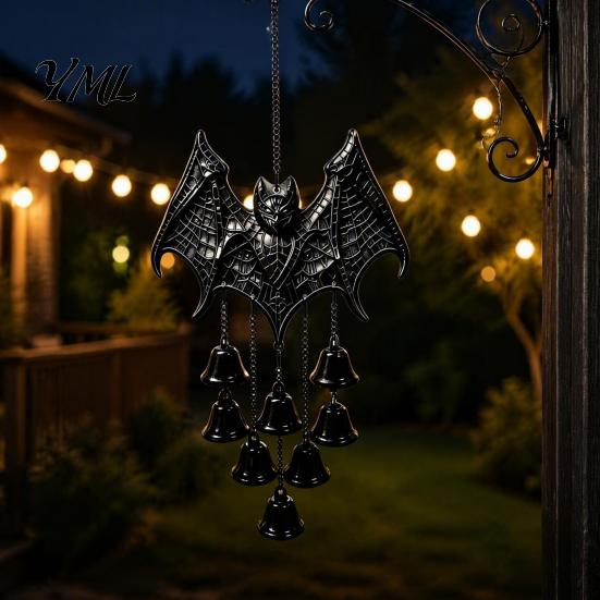 Halloween Atmosphere Party Supplies Gothic Bat Metal Wind Chime, Hanging Ornament with Multiple Bells, 3D Durable Black Chime Embossed Decor