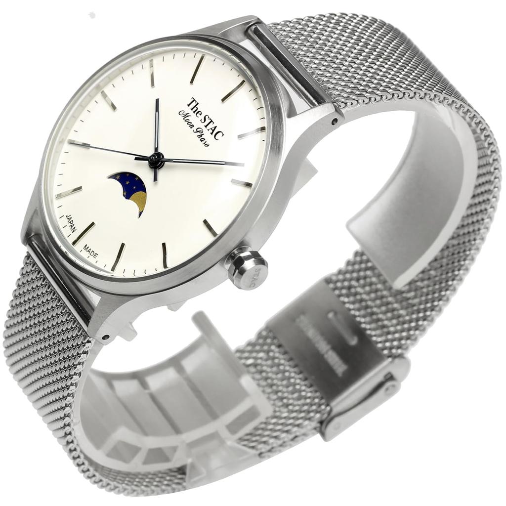 Часы STAC Made in Japan Domestic Watch 36 мм, старинные, ретро, унисекс, с фазами Луны, х белая сетка [The Stack] мужские, женские, ST-MF001