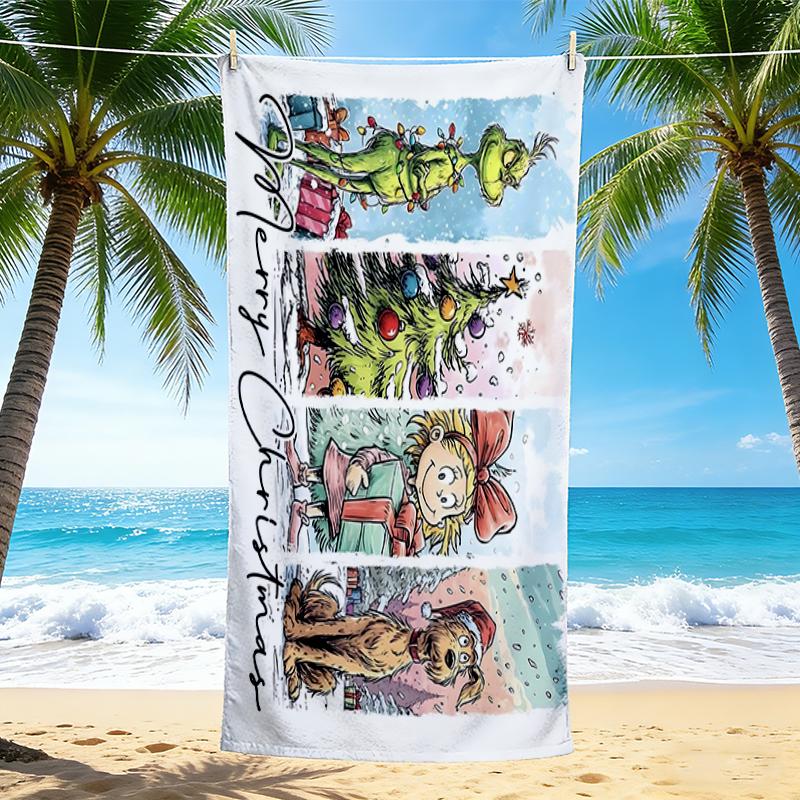 1Pc Christmas Grinch Scene Beach Towel, Quick Dry, Multi-Use for Beach Pool Gym Yoga Home Travel, Christmas, Halloween, Xmas Gift S67