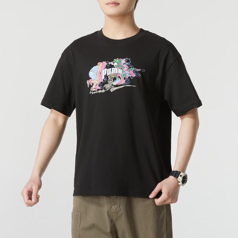 Puma Удобная дышащая повседневная футболка с рисунком аниме для бега, фитнеса и тренировок с круглым вырезом и короткими рукавами, мужские топы, черные 629400-01