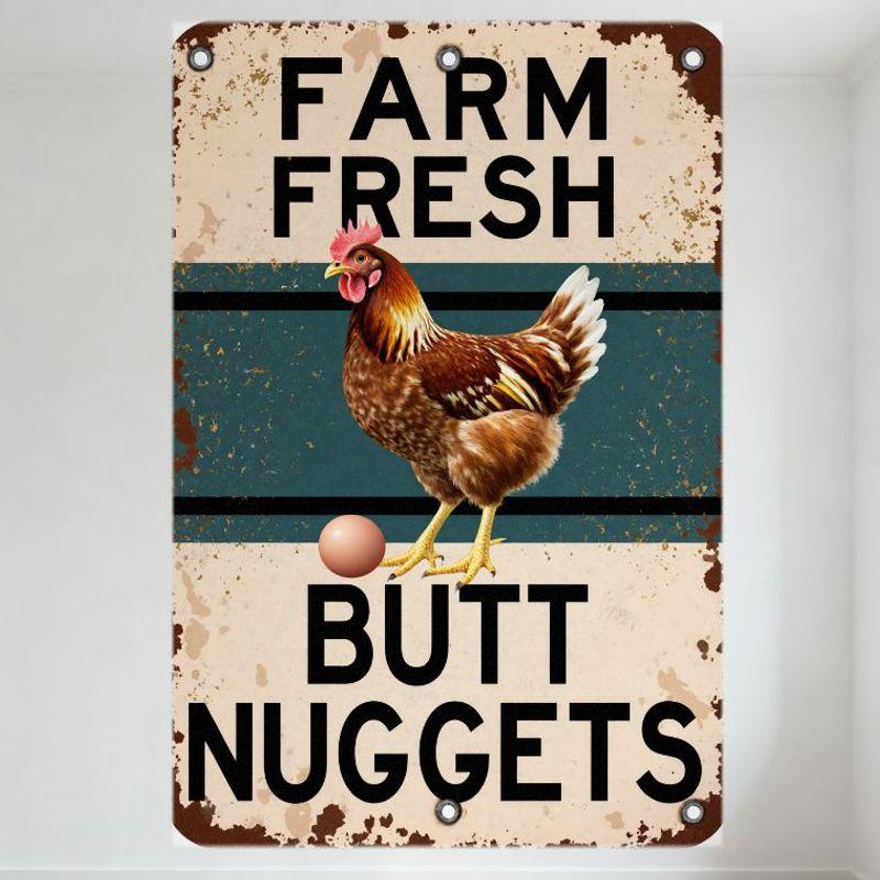 Vintage Farm Fresh Chicken Egg Butt Nuggets Metal Tin Sign Rustic Retro Wall Plaque for Home Bar Cafe Man Cave Decor