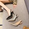 2025 Summer Patent Leather Pointed Tip Thin Heel Sequined Bag Head Empty Word with High Heel Sandals Female Temperament Single Shoes
