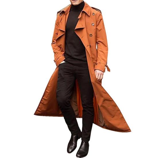 Men Trench Coat Lapel Long Sleeve Solid Color Windbreaker Double Breasted Long Style Outdoor Business Outwear