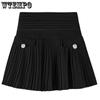 Плиссированная юбка трапециевидной формы с высокой талией, тонкая женская плиссированная пряжка с пряжкой, повседневная тонкая черная, белая, горячая, милая, консервативный стиль, весна-лето