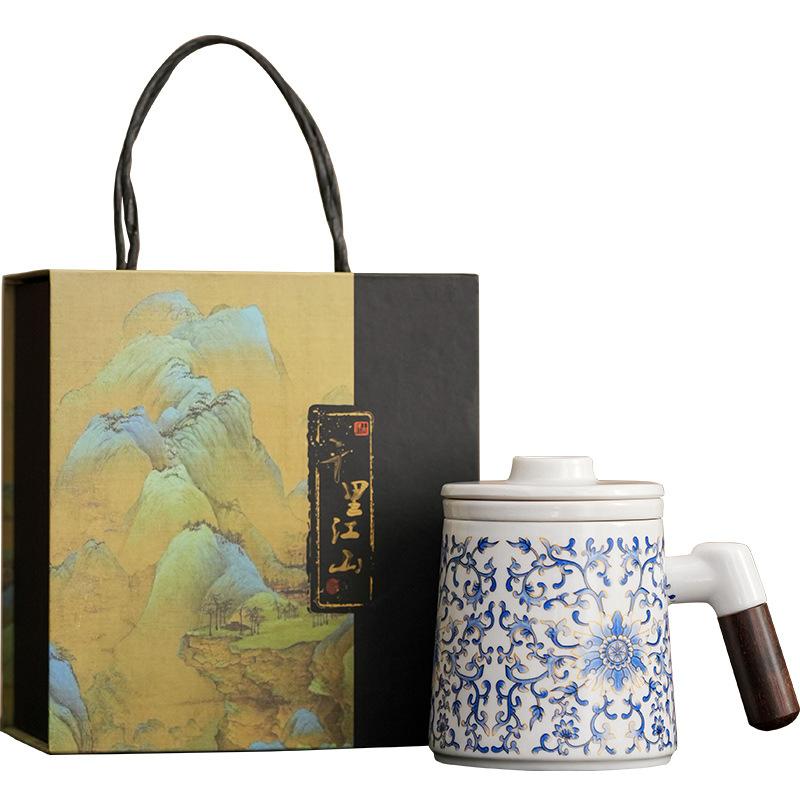 Light luxury gift business Dehua white porcelain national style entangled lotus ceramic office cup set practical and high-end