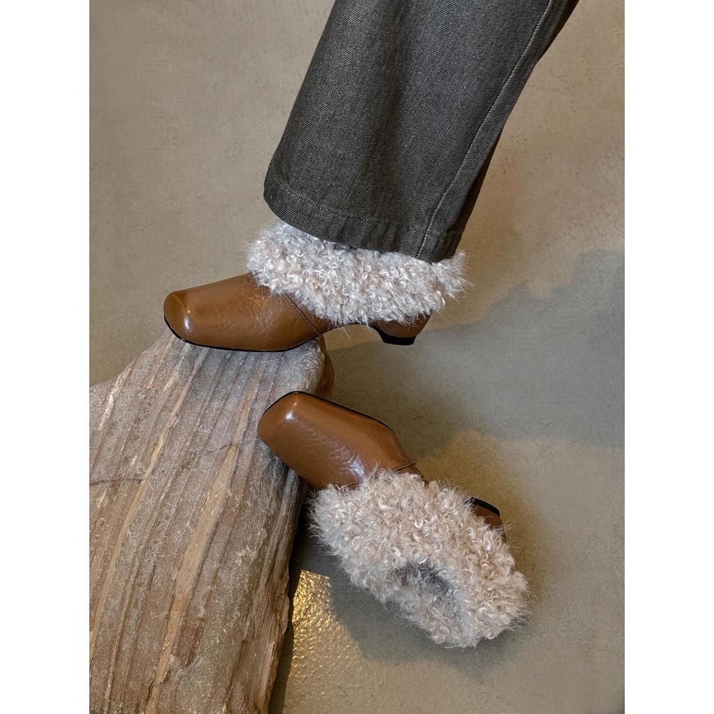 Версия из овчины, высококлассные пушистые туфли с квадратным носком, женские туфли из натуральной кожи и бархата, теплые хлопковые туфли с утолщенной подошвой, одинарные туфли Мэри Джейн, маленькие кожаные