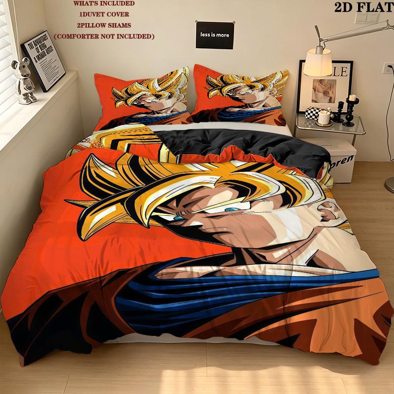 Cartoon Son Goku Pattern Bedding Quilt Set Quilt Cover Pillowcase Home Birthday Gift(1 * duvet cover + 2 * pillowcase, without core)