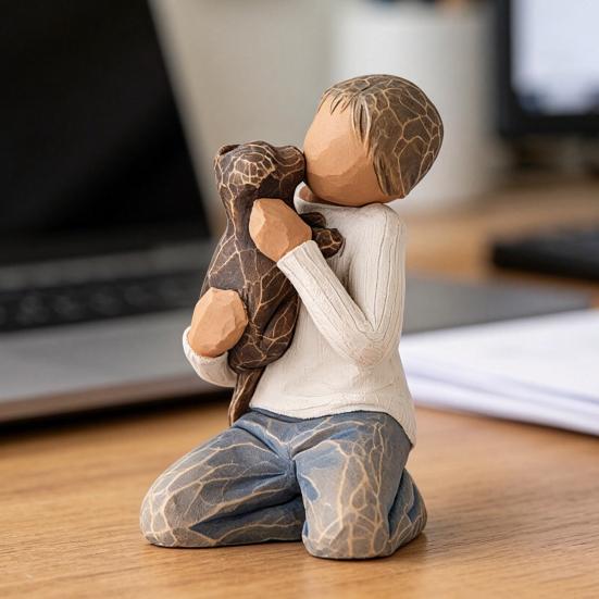 Puppy And Boy Figurine Kneeling Boy in Blue Jeans Holding Dog Statue Resin Sculpture for Bedroom Office Desk Bookshelf Decor Gifts for Dog