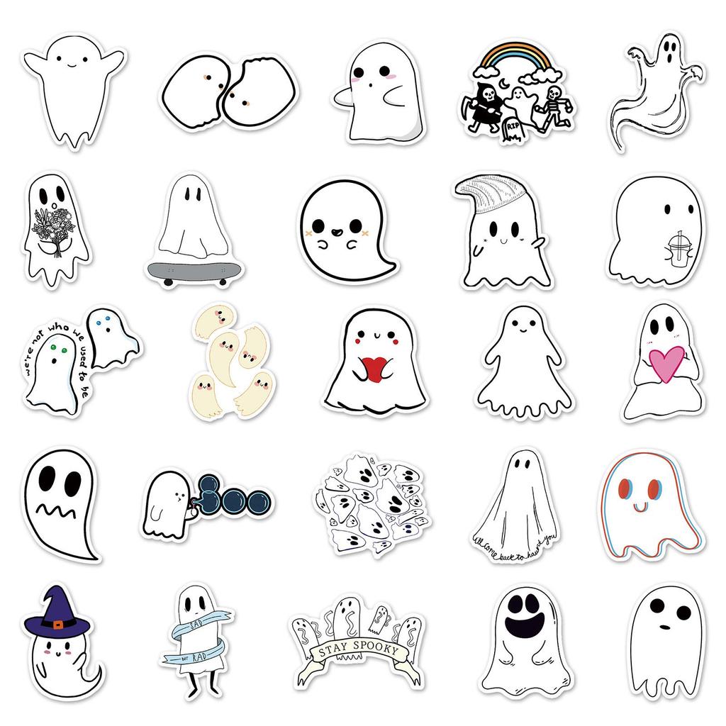 50 Cute Ghost Graffiti Stickers for Halloween Decoration: Perfect for Skateboards, Notebooks, Water Bottles, and Suitcases