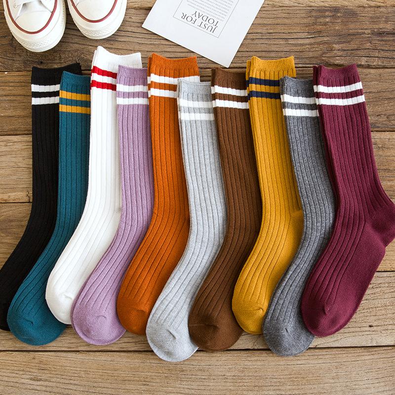 College Style Striped Women Socks Solid Black White Long Sock for Women Japanese Cute Vintage Stockings