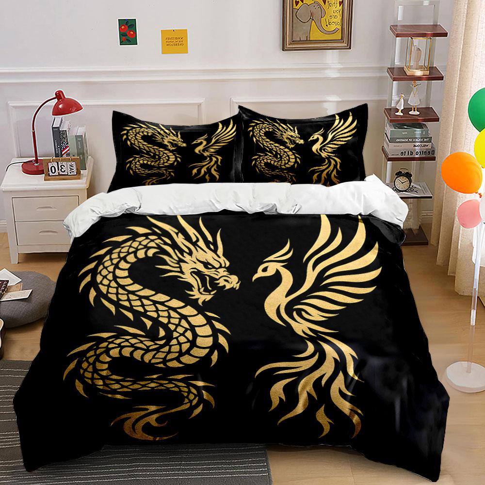 Golden dragon and phoenix. Bedding sets Duvet cover sets Duvet covers Pillowcases(1 * Duvet Cover 2 * Pillowcases without duvet insert)