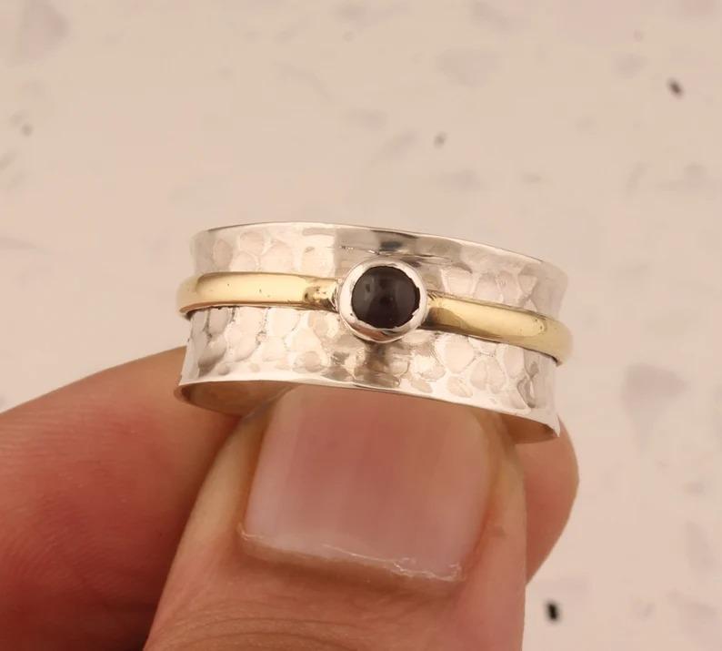 Кольцо-спиннер с черным ониксом, Двухцветное кольцо, Кольцо для медитации, Кольцо для большого пальца, Серебряные украшения, Дизайнерское кольцо, Спиннер-кольцо, Ювелирные изделия унисекс