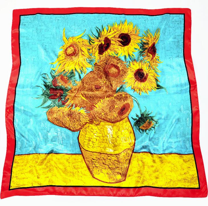 90*90cm Luxury Brand Women Silk Scarfs Van Gogh Painting Square Scarves Spring Summer Shawls For Ladies