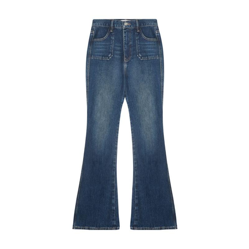 Women’s Mid‑Waist Vintage Washed Flare Jeans – Slim Fit Denim Pants – Blue Retro Style