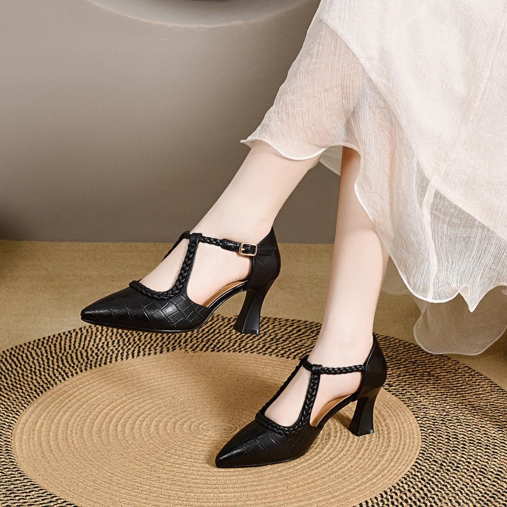 Pointed high-heeled sandals women's 2025 summer European and American style hollow T-button woven thin-heeled hollow sandals fashion shoes