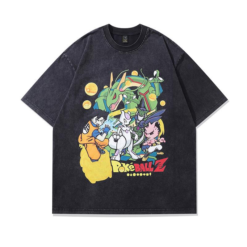 Summer Heavy Cotton Washed Vintage Top Harajuku Street Retro Printed Short-Sleeved T-Shirt Men Ins