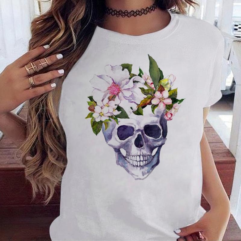 Maycaur Fashion Skull Flower Print Женская футболка Летняя повседневная женская футболка с коротким рукавом и круглым вырезом в стиле 90-х годов, женская футболка, топы
