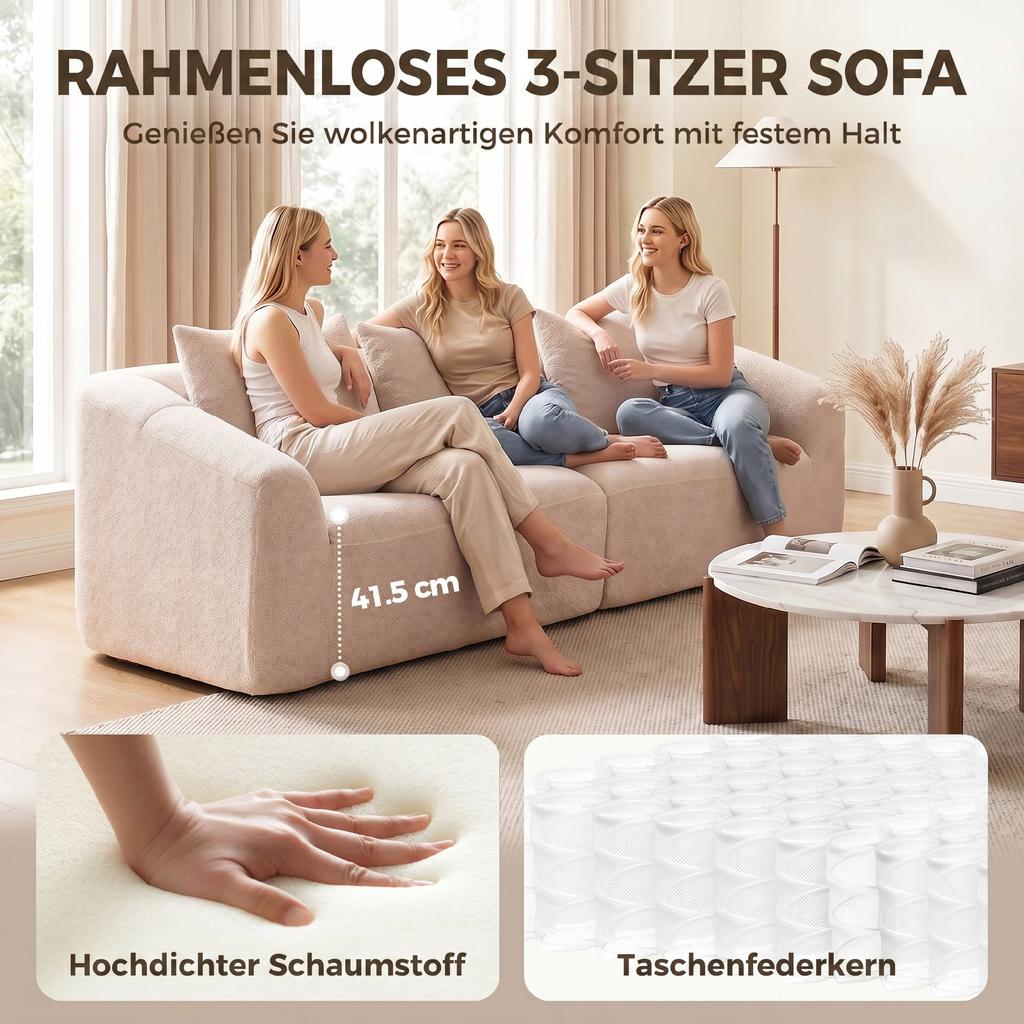 3 Seater Sofa Chenille Cloud Couch Without Frame Thick Spring Core Cushioning Extra Wide Seat 3 Pillows Beige