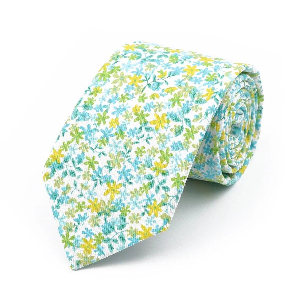 Floral Tie, For Men Women, 100% Cotton, Elegant Flower Necktie, White, Blue, Narrow Skinny, Wedding, Party