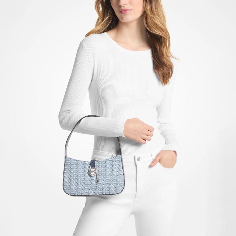 Michael Kors Жаккардовый Деним Серебряный Замок Сумка на Плечо Маленькая Женская Сумка на Плечо Светло-Джинсово-Синий 35T4S1YC1C-419