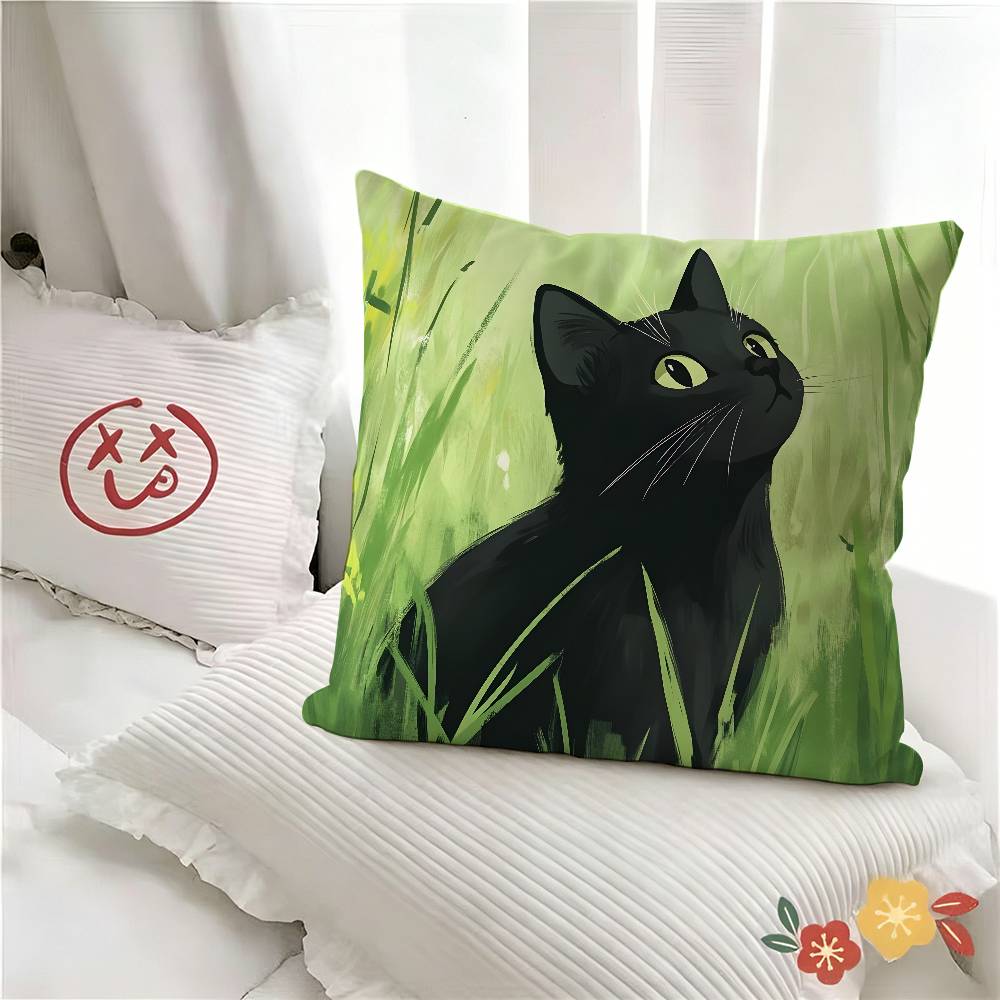 pc Art Green Bedroom And Cat Pillow Case Fashion Square Pillowcase Bedroom Sofa Room Ins Decoration Leisure