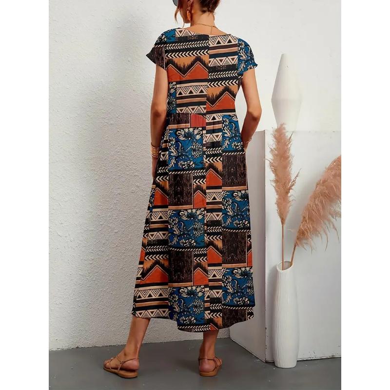 Women's Summer Cotton Linen Dress, Fashion Loose Floral Print Round Neck Short Sleeve Midi Casual Dress with Pockets