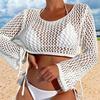 Women Cover Up Tops Round Neck Long Sleeve Hollow Fishnet Design Quick-Drying Breathable Blouse Loose Fit Beachwear