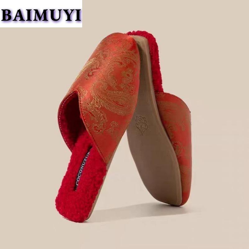 Модные туфли на плоской подошве женские тапочки с принтом из меха модные мюли обувь зимние новые шлепанцы 2025 тренд новые сандалии с открытой пяткой Mujer Zapatos