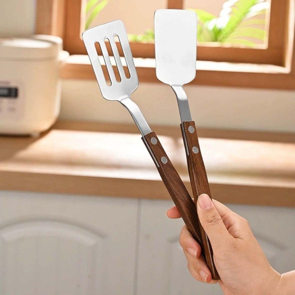 304 Stainless Steel Frying Spatula Walnut Handle Stir-fry Spatula Outdoor Kitchen Supplies