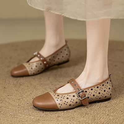 Модная женская новая весенняя обувь с круглым носком, в стиле ретро, на низком каблуке, из коровьей кожи, оверсайз, с полыми заклепками, Мэри Джейн, дышащая, одинарная обувь