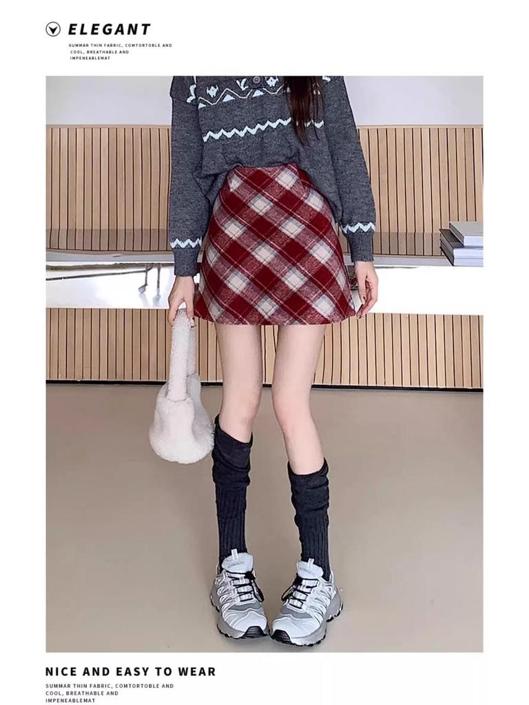 Женская мини-юбка в клетку из смесовой шерсти с завышенной талией в стиле ретро 2025 - Маленькая облегающая А-силуэта для осени/зимы