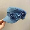 Retro three-dimensional flower denim beret women's four-season face small handmade applique versatile fashion octagonal hat