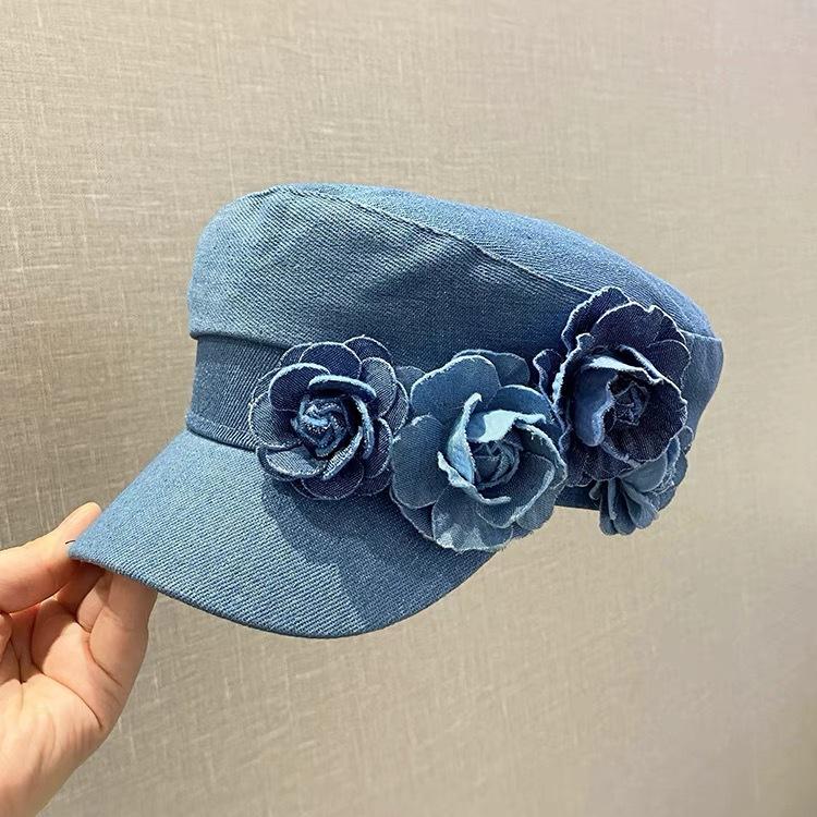 Retro three-dimensional flower denim beret women's four-season face small handmade applique versatile fashion octagonal hat