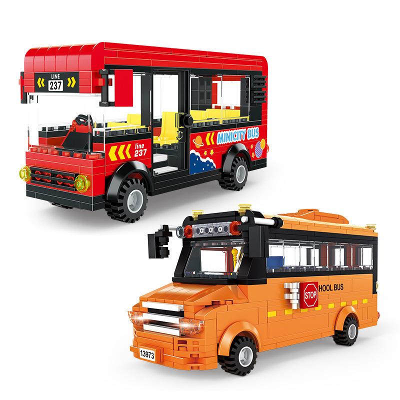 Double-Decker Bus School Bus Building Blocks, Transportation Tools, Small Particle Assembly Building Blocks Boy Toys
