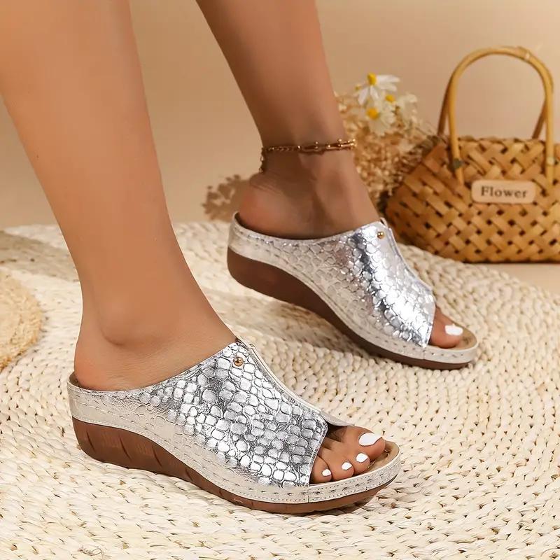 Women's Snakeskin Pattern Sandals Platform Slip On Soft Sole Casual Seaside Slides Low Wedge Vacation Slides