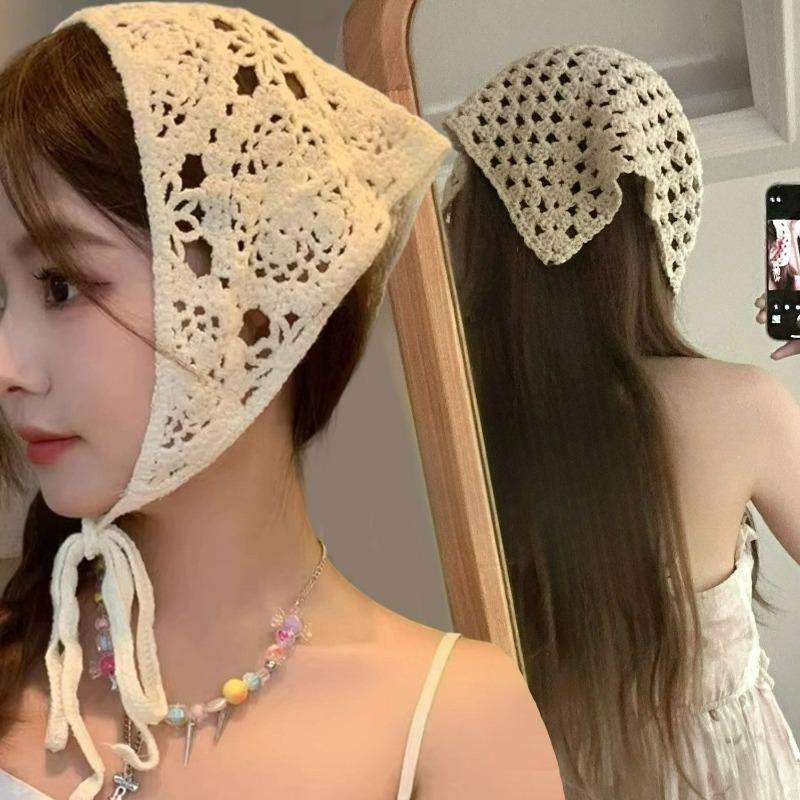 Бежевая хлопковая повязка на голову с вырезом в виде треугольника для женщин, летняя дорожная повязка для волос, платок, бандана, повязки на голову с полым узором в французском стиле