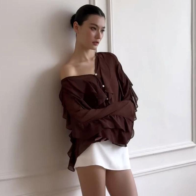 Chic Chiffon Ruffled Shirt Women Elegant Loose V-neck Long Sleeve Shirts Female 2025 Spring Vacation Street Lady Blouse Tops