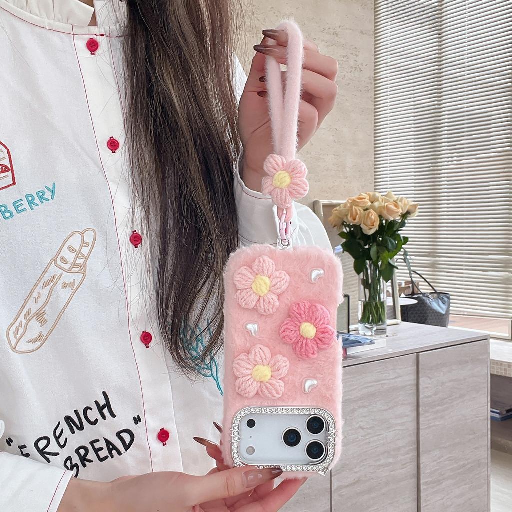 For iPhone 17 Pro Case Rhinestone Frame Plush Flower Pearl Heart TPU PC Phone Cover with Floral Strap
