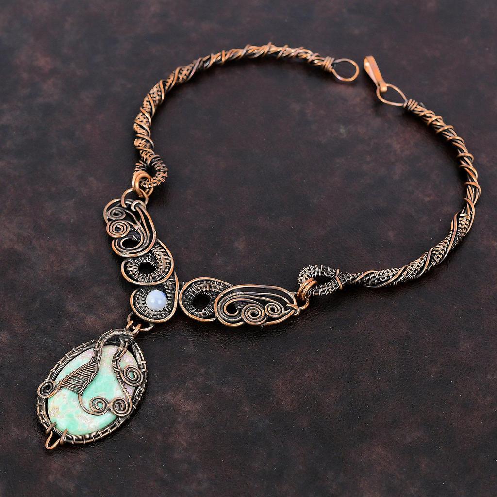Ожерелье из варисцита, медная проволока, обернутая драгоценным камнем, ожерелье из лунного камня, медные украшения, ожерелье ручной работы, ювелирное изделие из проволочной обмотки, подарок для жены