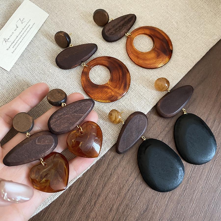 Ethnic Style Wood Resin Dangle Earrings for Women Geometric Water Drop Round Heart-shaped Earrings Personality Charm Jewelry C1