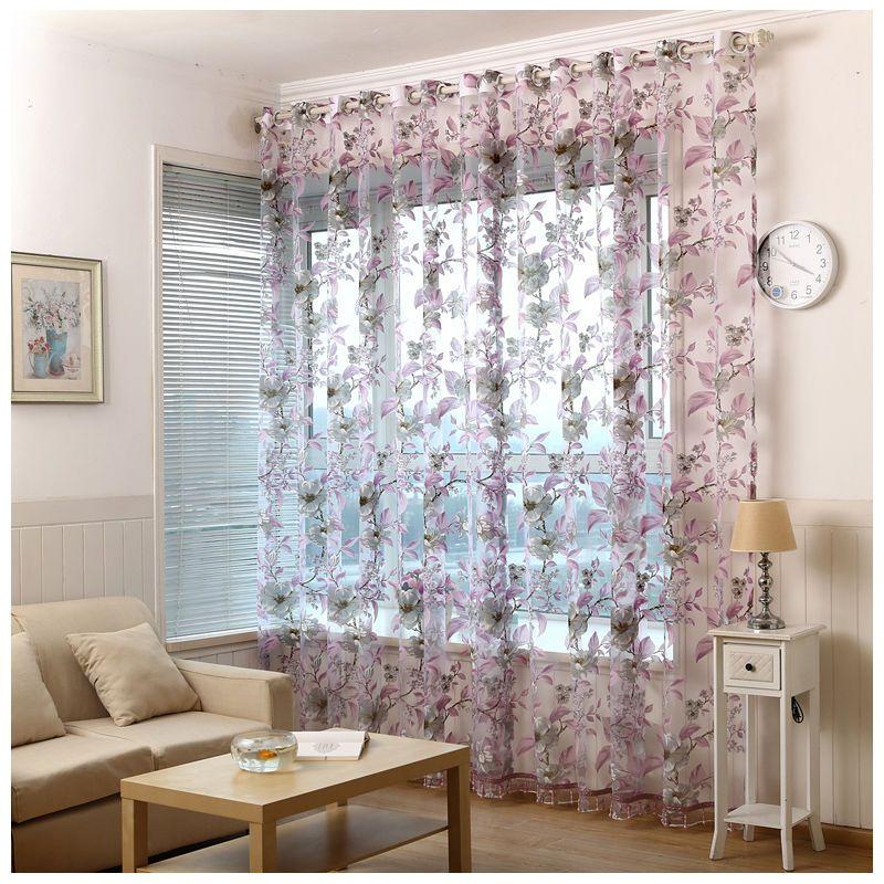 Фиолетовая цветочная 1-элементная прозрачная штора - светофильтрующий, защищающий от ультрафиолета полиэстер с карманом для штанги для приватности в гостиной и спальне