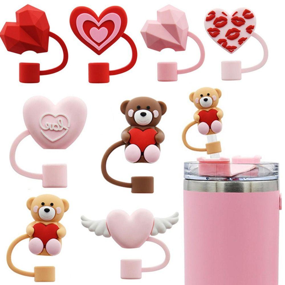 3D Heart-shaped Drinking Straw Dust Cap 10mm Straw Tips Cover Silicone Straw Plug Cup Accessories