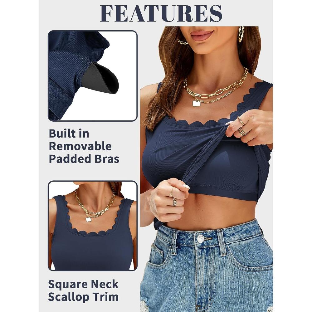Attraco Встроенная бюстгальтерная майка для женщин с квадратным вырезом и отделкой фестонами, летняя майка без рукавов в рубчик