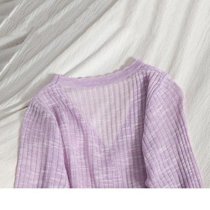 Тонкий вязаный кардиган с v-образным вырезом, милое милое женское пальто с длинным рукавом, укороченный топ с одной пряжкой, новая мода, однотонный, простой, повседневный, солнцезащитный кардиган