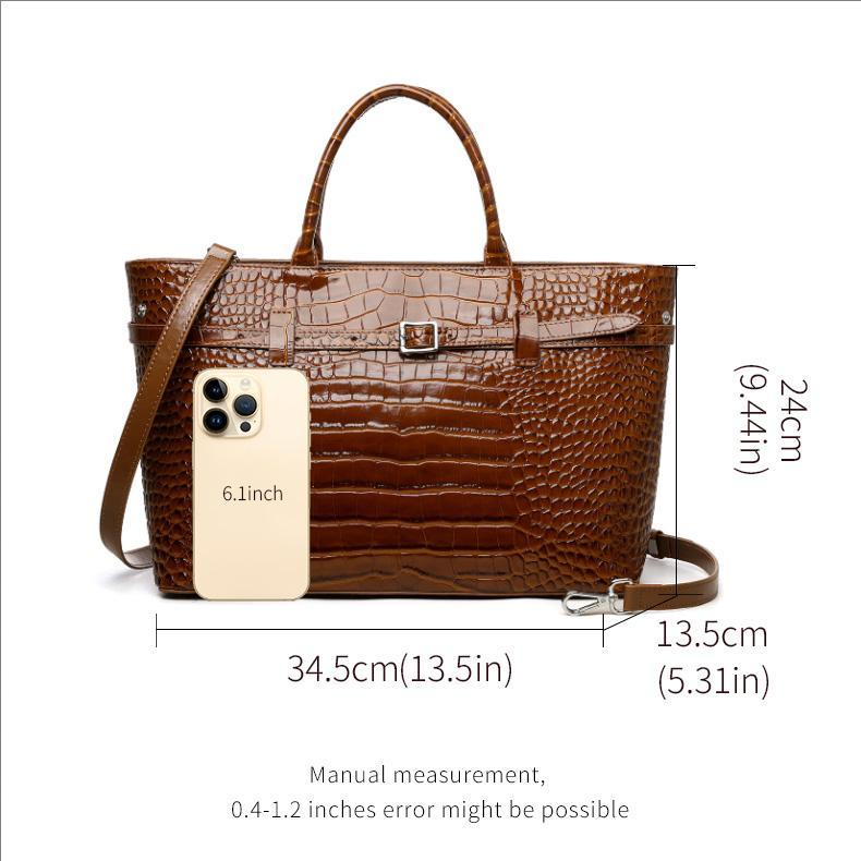 Elegant Brown Croco-Embossed Cowhide Tote Bag – Spacious & Stylish for Travel and Everyday Use