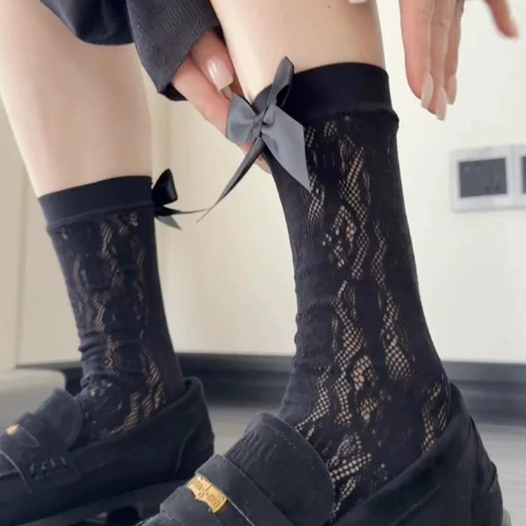 Summer Thin Lace Sexy Hollow Stacking Socks Bow Tie Niche Retro Ballet Calf Socks