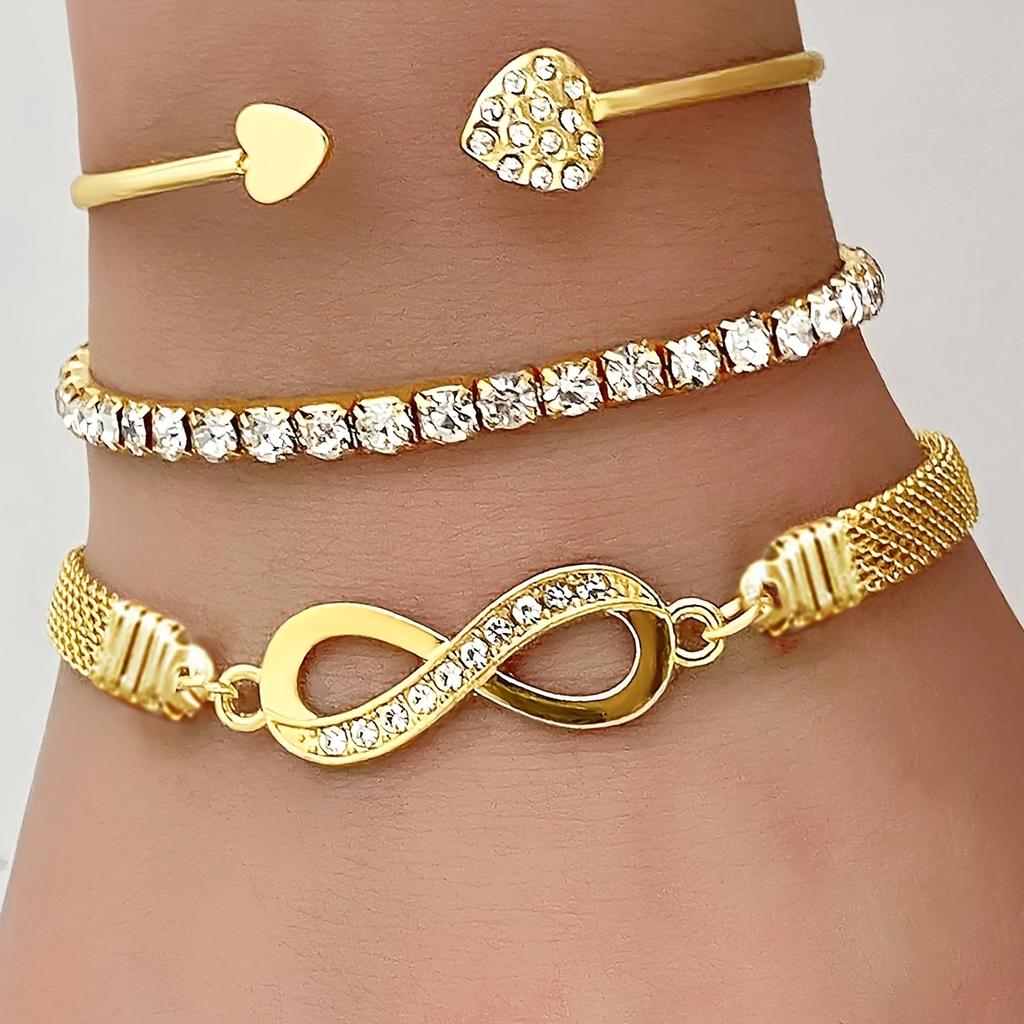 3 Pcs Ladies' Bracelet Set Stylish and Elegant Rhinestone Infinity Symbol Tennis Chain Clasp Bracelet Set An Ideal Gift for Your Best Friend