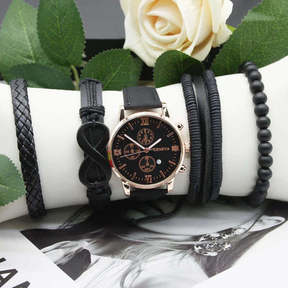 Набор из 5 предметов, мужские роскошные часы, итальянский браслет с подвесками, мужской браслет, в комплект входит коробка, роскошный кожаный ремешок для спорта и путешествий на открытом воздухе