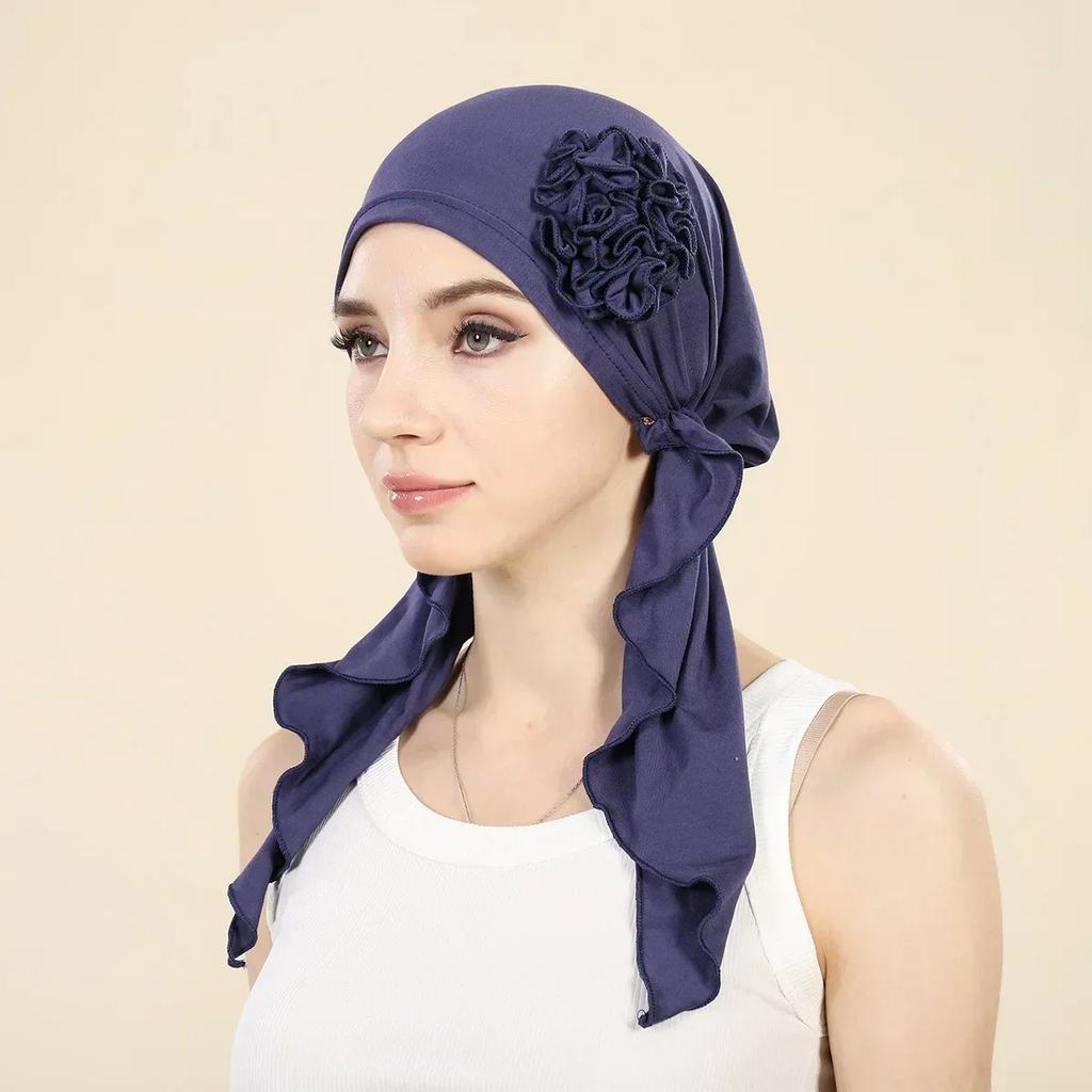 New Shimmer Pre-Tied Hat Women Muslim Hijab Turban Long Tail Headscarf Beanies Bonnet Hair Loss Chemo Cap Head Wrap Bandanas